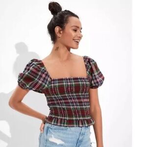 American Eagle Plaid Maroon Plaid Smocked Puff Sleeve Blouse